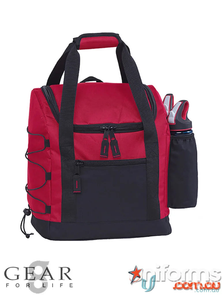 Red and black Cool Runner Esky duffel bag with water bottle for comfortable carrying
