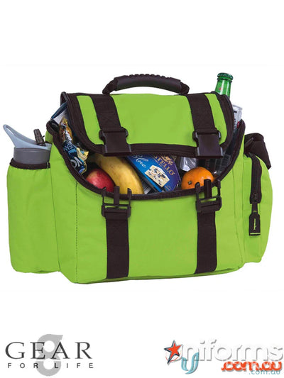 Green lunch bag with brown straps from Cool Shuttle Cooler, perfect for main compartment storage