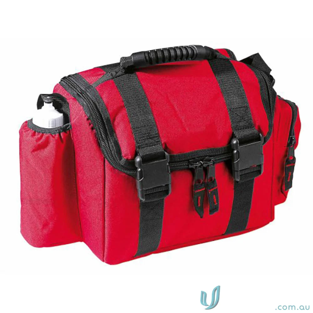 Red medical bag with black straps from Cool Shuttle Cooler for bag orders and main compartment storage