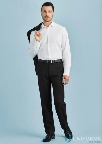 Man in formal outfit wearing Cool Stretch Adjustable Waist Pant with hidden elastic waistband