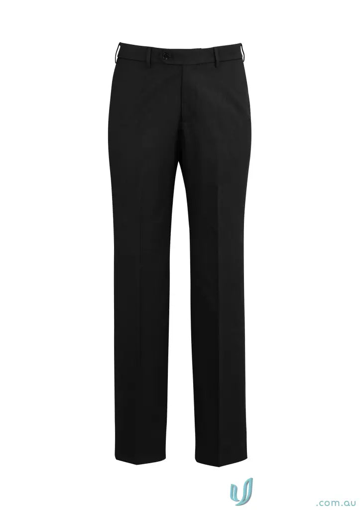 Black cool stretch suiting adjustable waist pant with hidden elastic waistband for comfort