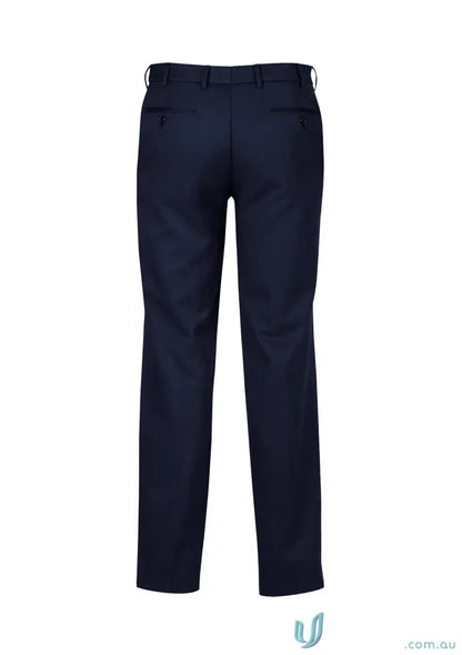 Navy blue cool stretch suiting adjustable waist pant with hidden elastic waistband