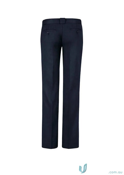 Dark blue mens dress pants with flat front and straight leg for hipster fit workwear