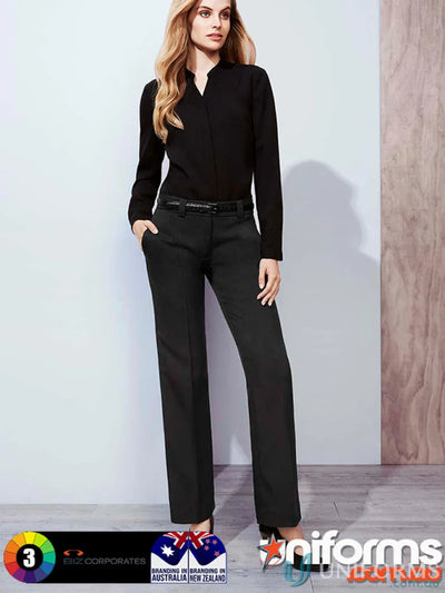 Woman wearing black long-sleeved collared blouse and Cool Stretch Hipster Fit Ladies Pant for workwear