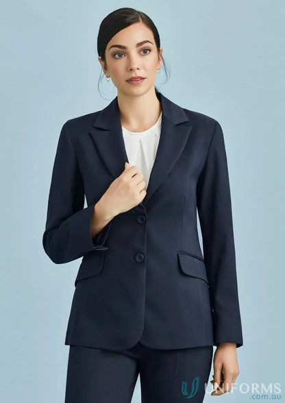 Cool stretch longline ladies jacket with navy blue business suit and white blouse