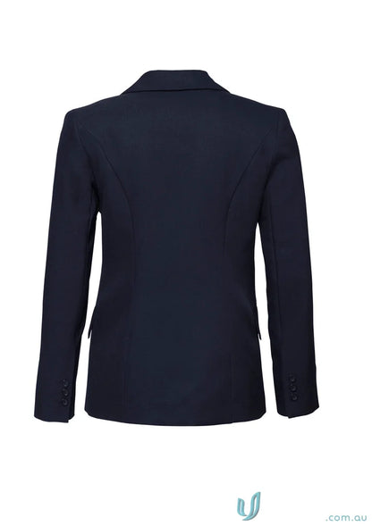 Dark blue cool stretch longline ladies jacket with notched lapel and buttoned cuffs