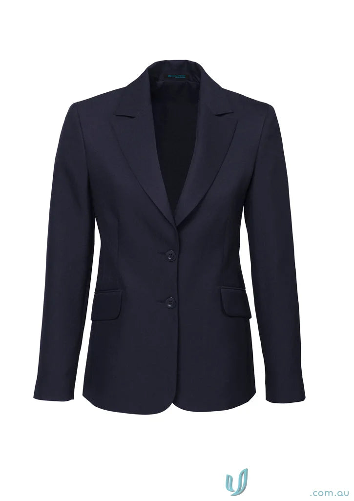 Dark navy blue cool stretch longline ladies jacket with buttons and front pockets