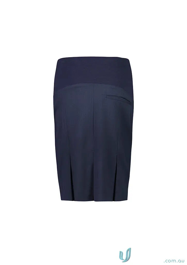 Navy blue cool stretch maternity skirt with wide waistband and front pleats for women