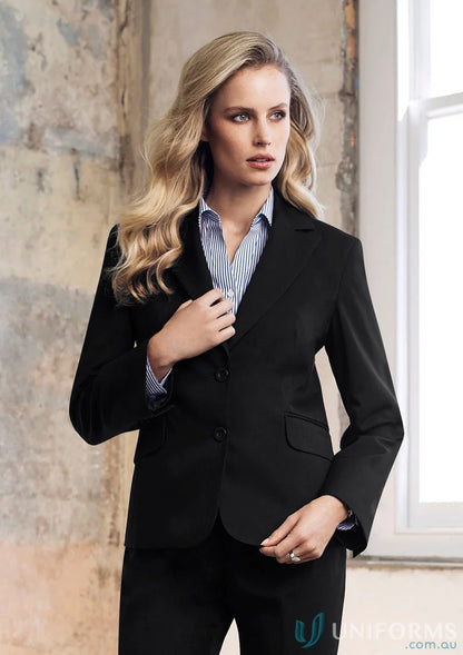 Woman wearing black cool stretch mid length ladies jacket for a stylish business look