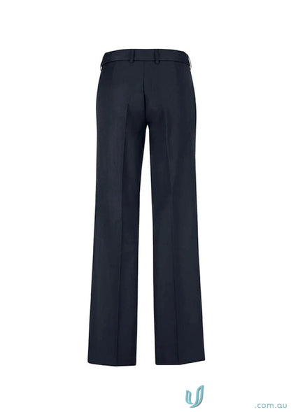 Dark blue cool stretch mid rise adjustable waist pant, comfy wide-legged trousers