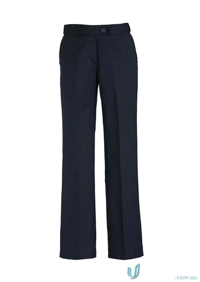 Navy blue cool stretch mid rise adjustable waist pant for a comfy stylish look