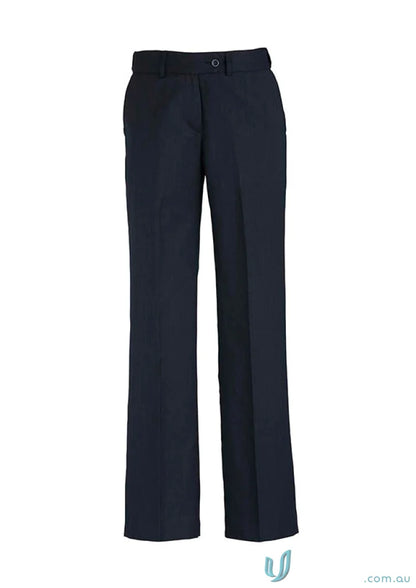 Navy blue cool stretch mid rise adjustable waist pant for a comfy stylish look