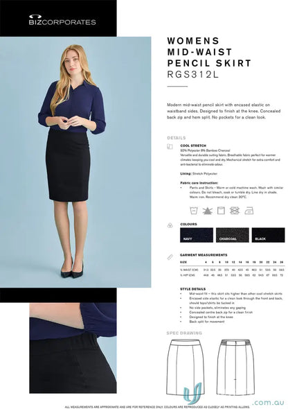 Cool stretch mid waist pencil skirt for women with concealed zip and hem split in navy, charcoal, black