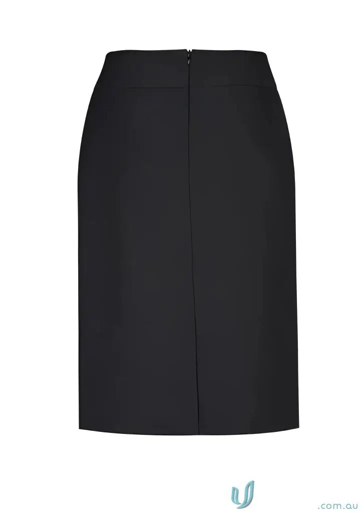 Black knee-length cool stretch relaxed fit lined women’s skirt with back zipper vent