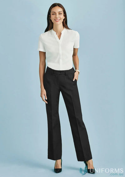 Woman wearing cool stretch relaxed fit straight leg pant, perfect for professional look