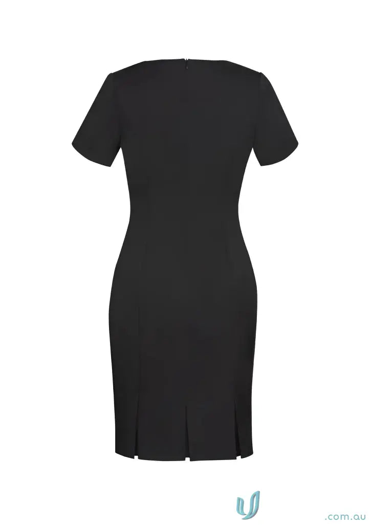 Black short-sleeved sheath dress made from eco-friendly bamboo charcoal for a cool stretch shift look