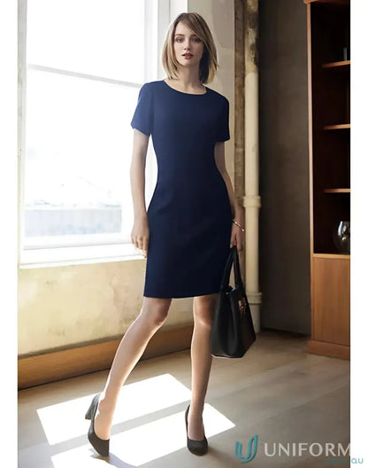 Navy blue cool stretch shift dress made with bamboo charcoal eco-friendly materials from Biz Collection