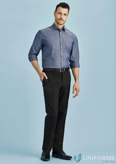 Man in a button-down shirt and Cool Stretch Slimline Pant, the perfect mens cool stretch look