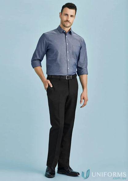 Man in a button-down shirt and Cool Stretch Slimline Pant, the perfect men’s cool stretch look