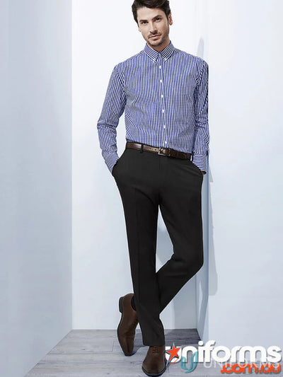 Man in a blue striped shirt wearing cool stretch slimline mens cool stretch pants