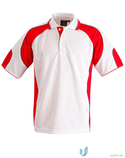 Red and white polo shirt from CoolDry Alliance Polo for maximum comfort and style
