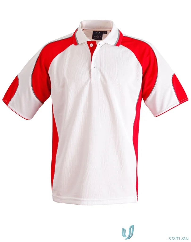 Red and white polo shirt from CoolDry Alliance Polo for maximum comfort and style