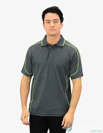 Gray waffle knit polo shirt with neon trim featuring Cooldry moisture management tech