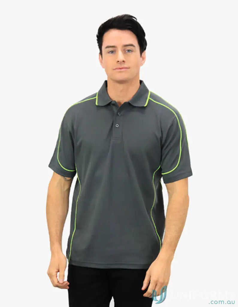 Gray waffle knit polo shirt with neon trim featuring Cooldry moisture management tech