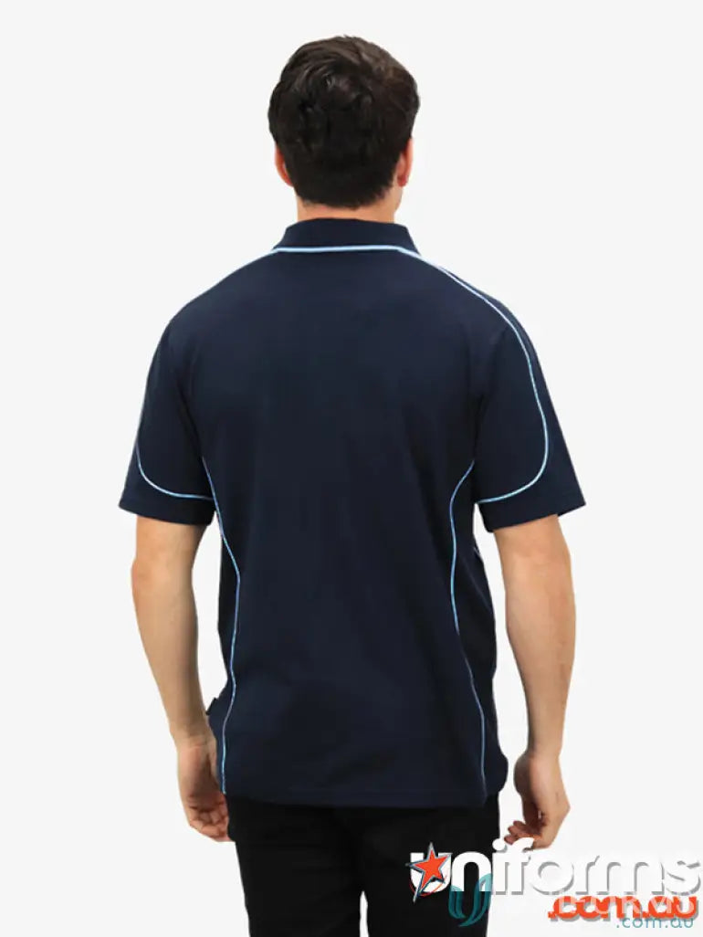 Navy blue Cooldry Waffle Knit Polo shirt with light blue trim showing moisture management technology