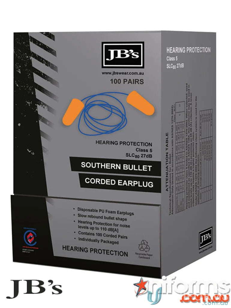 Box of Southern Bullet Corded Ear Plugs for workwear and uniforms safety