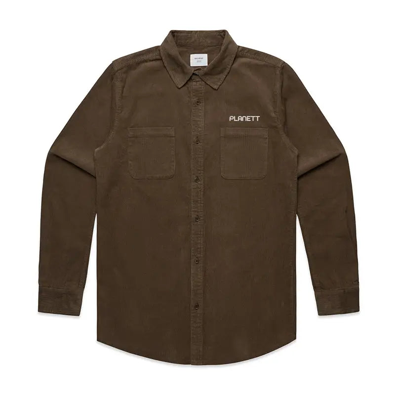 Brown corduroy shirt with chest pockets and Planett logo for uniforms