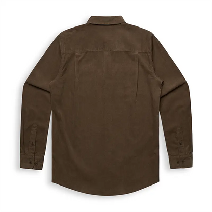 Olive green corduroy shirt with button-down collar and chest pocket for uniforms