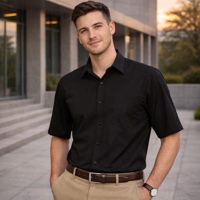 Core Poplin SS Shirt in black with winning spirit poplin texture