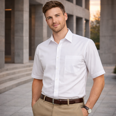 Core Poplin SS Shirt: white short-sleeve with classic collar, chest pocket