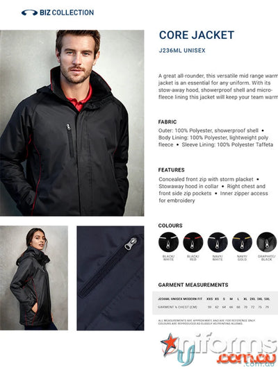 Black Core Jacket J236ML from Biz Collection Unisex with concealed zip and stash hood