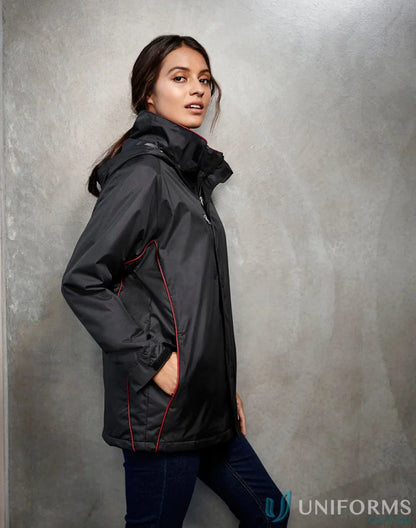 Black hooded Core Jacket J236ML with red piping, front pockets, part of Biz Collection Unisex