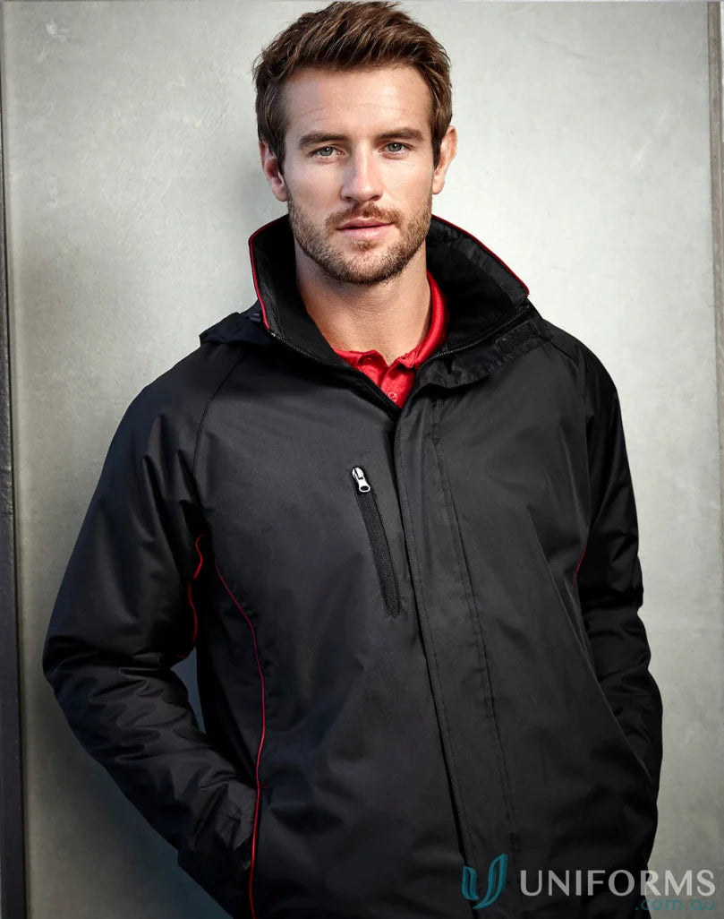 Man in Core Jacket J236ML from Biz Collection Unisex wearing waterproof jacket with red trim