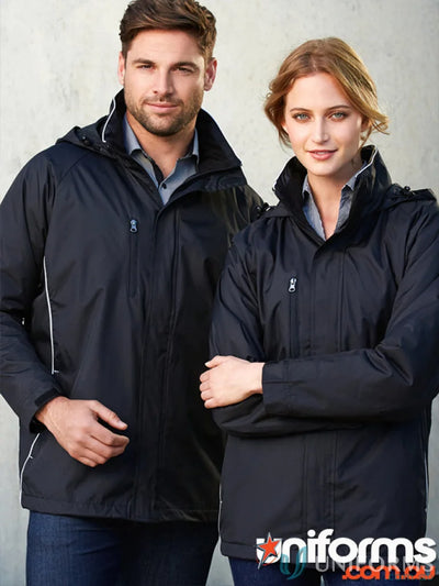 Two people wearing black Core Jacket J236ML from Biz Collection Unisex outdoors