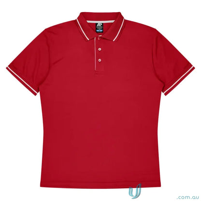 Red polo shirt with white trim made from soft fabric, perfect for Cottesloe Kids Polo
