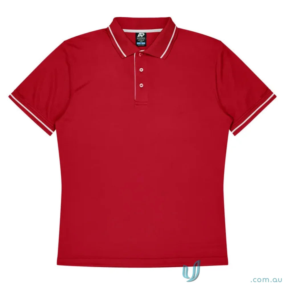 Red polo shirt with white trim in the Cottesloe Lady Polo collection, perfect fabric style