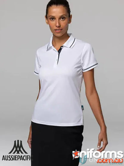White Cottesloe Lady Polo shirt with black trim, made from soft fabric, perfect fit