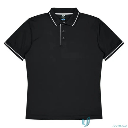 Black Cottesloe Polo with white trim, perfect for workwear and uniforms by hand