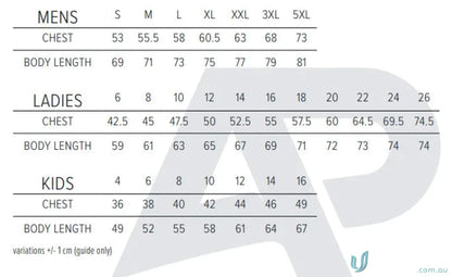 Clottesloe Polo clothing size chart for workwear and uniforms with a hand outline