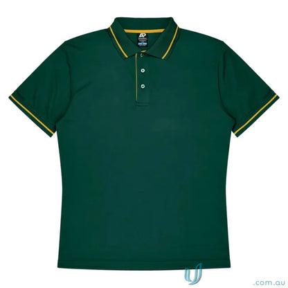 Green polo shirt with yellow trim from Cottesloe Polo, perfect for workwear or uniforms