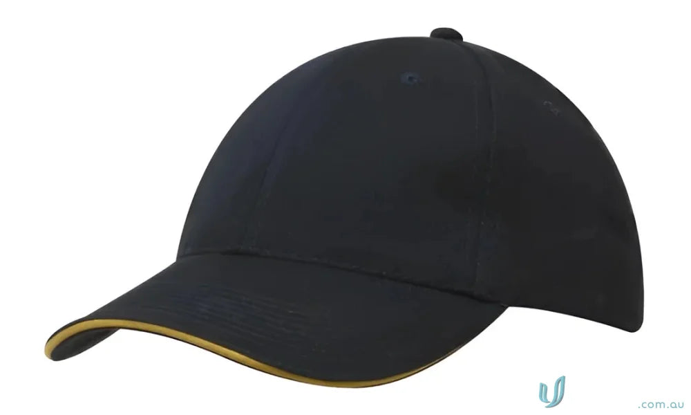 Black cotton cap with gold trim from our wide stock range, perfect for custom imprint