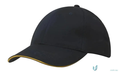 Black cotton cap with gold trim from our wide stock range, perfect for custom imprint