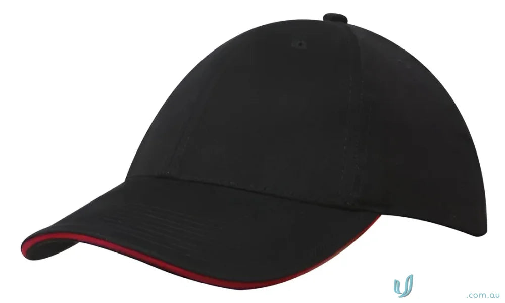 Black baseball cap with red trim from Cotton Cap with Sandwich Trim, perfect for custom imprint