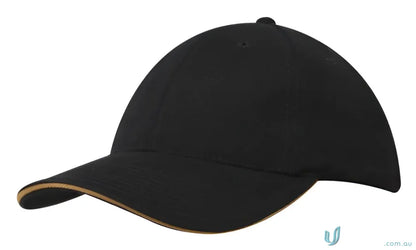 Black baseball cap with tan trim from Cotton Cap with Sandwich Trim, perfect for custom imprinting