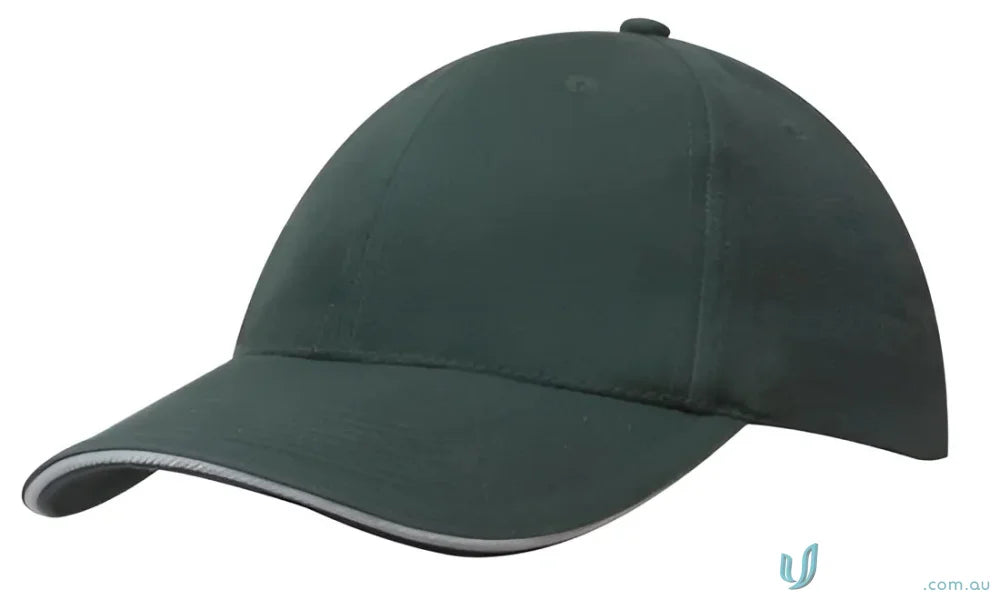 Dark green Cotton Cap with Sandwich Trim and light gray trim, perfect for custom imprint