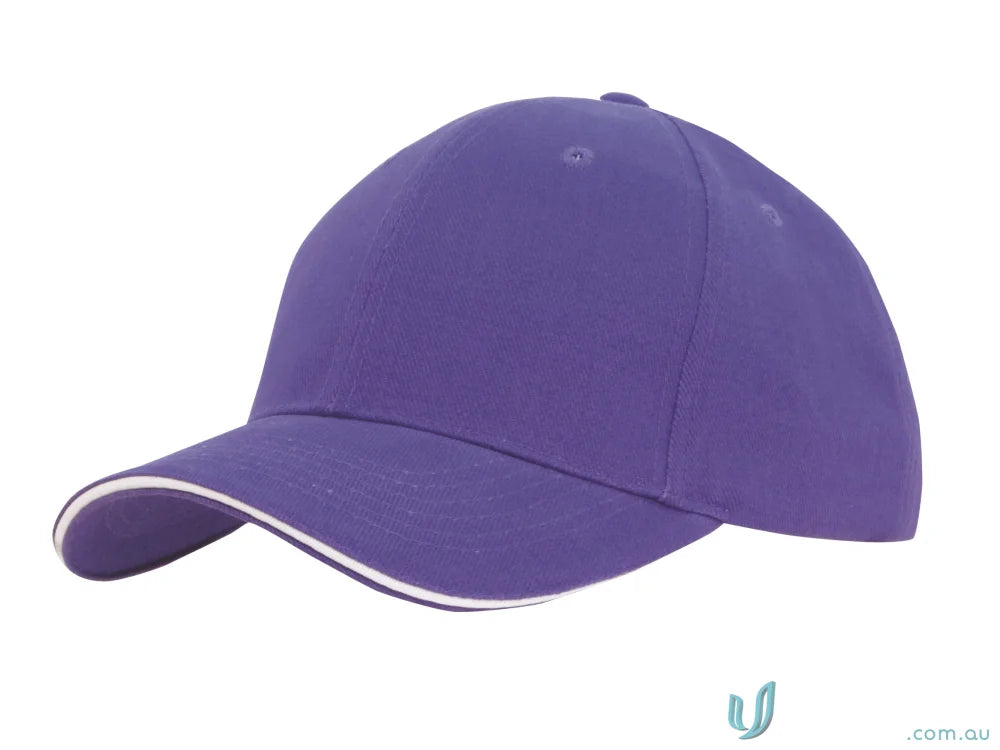 Purple cotton cap with sandwich trim and white accents, perfect for custom imprint